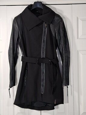 Rudsak Black Asymmetrical Coat with Genuine Leather Sleeves